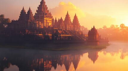Naklejka premium A serene image of a majestic Buddhist temple at sunrise, with a calm pond reflecting its intricate architecture