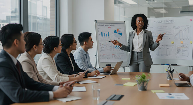 Diverse business team in modern meeting room with female leader presenting financial data and analytics on whiteboard