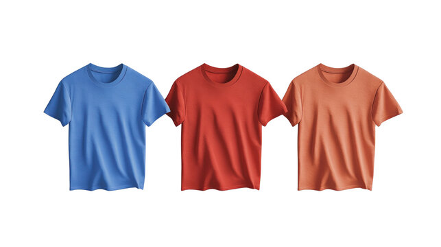 A set of three colorful t-shirts in blue, red, and orange. Perfect for casual wear, fashion lookbooks, and vibrant style showcases.