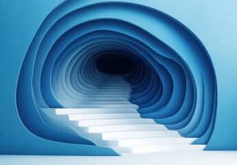 Obraz premium Abstract representation of a dynamic blue tunnel with layered waves and a stairway leading to darkness, symbolizing depth, mystery, and exploration in a modern art style