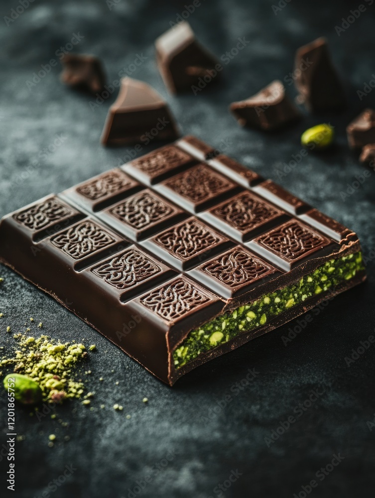 Poster delightful chocolate with pistachio filling presented on a golden plate surrounded by intricate arab