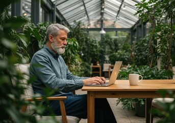 Indoor greenhouse workspace, man working on laptop, lush green plants, glass ceiling, wooden table, copper pendant lights, natural light, cozy atmosphere, professional casual attire, grey hair, focuse