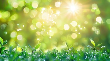 Fototapeta premium Sunny spring bokeh background with dew-covered grass and vibrant green sprouts.