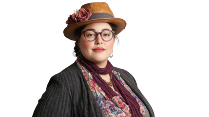A confident woman poses stylishly in a vintage hat and scarf. Her unique fashion sense showcases individuality and creativity, perfect for diverse campaigns.