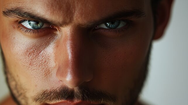 Close-up portrait of a man with intense blue eyes and a serious expression.