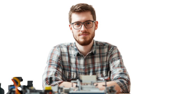 A focused young man with glasses, wearing a plaid shirt, working with engineering models on a table, symbolizing creativity and innovation.
