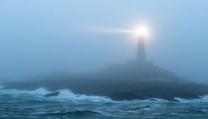 Fototapeta premium Lighthouse Beam Cutting Through Foggy Ocean Waves