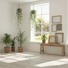 Bright sunlit interior, Scandinavian minimalist design, large windows, wooden bench, potted plants, hanging ivy, empty picture frames, white walls, cozy reading nook, natural light, serene atmosphere,