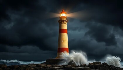 Obraz premium Lighthouse Guiding Through Stormy Seas at Night