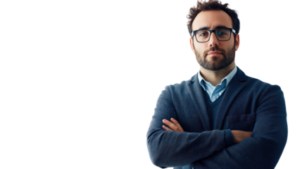 A confident man in glasses stands with arms crossed, wearing a blue sweater. His serious expression denotes determination and professionalism.