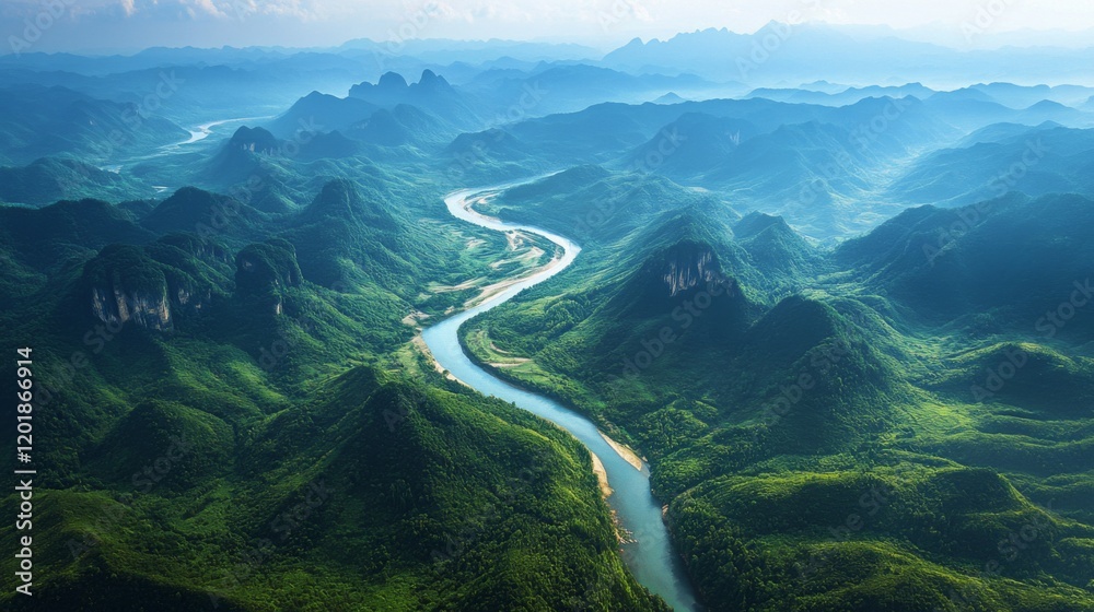 Aufkleber a high-altitude view of a winding river cutting through a mountain range, with the steep cliffs and 