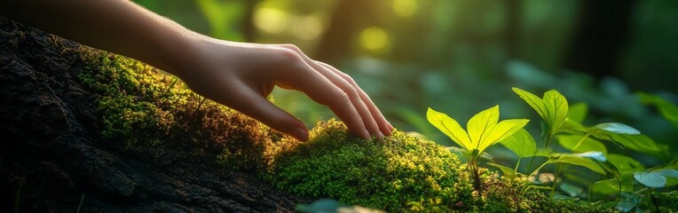 A serene close-up of a hand touching moss on a tree, symbolizing connection with nature and ecological preservation. Ideal for environment and Earth Day campaigns.