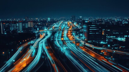 Fototapeta premium Nighttime aerial view of a brightly lit freight terminal, highlighting the scale of global cargo operations 