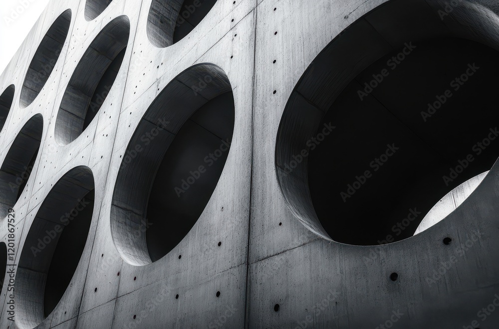 Poster abstract view of modern concrete architecture featuring large circular openings showcasing industria