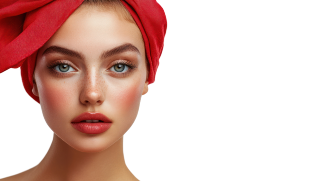 A young woman with striking features and a vibrant red headscarf. Her confident gaze and natural makeup highlight her beauty and unique style.