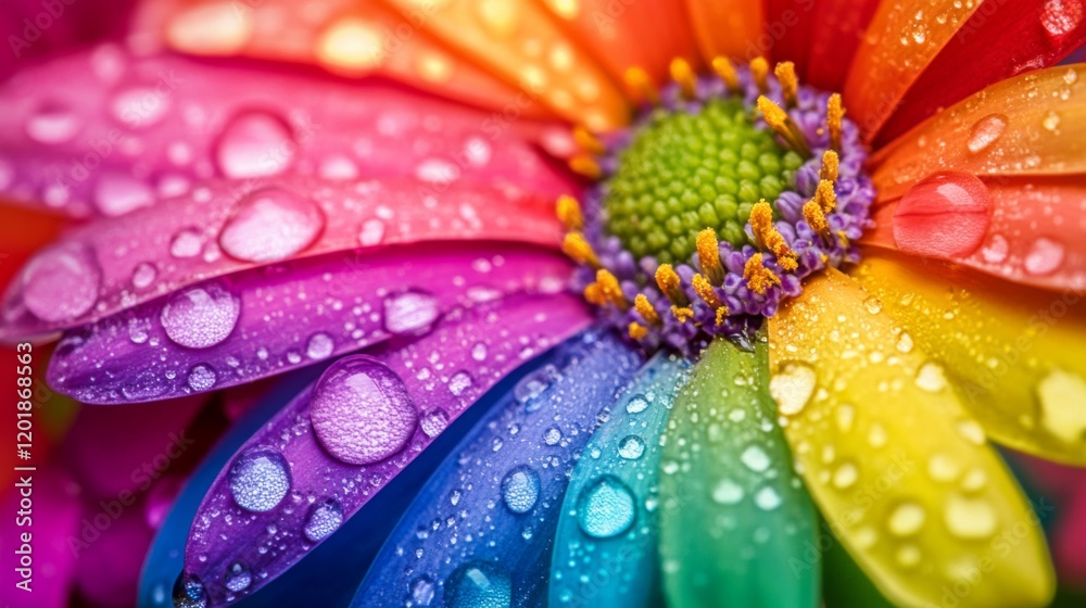 Poster a macro shot of a colorful flower with drops of dew, highlighting the contrast between the vibrant c