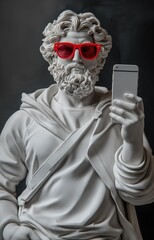 A classical marble statue of Zeus, red sunglasses, taking a selfie with a smartphone