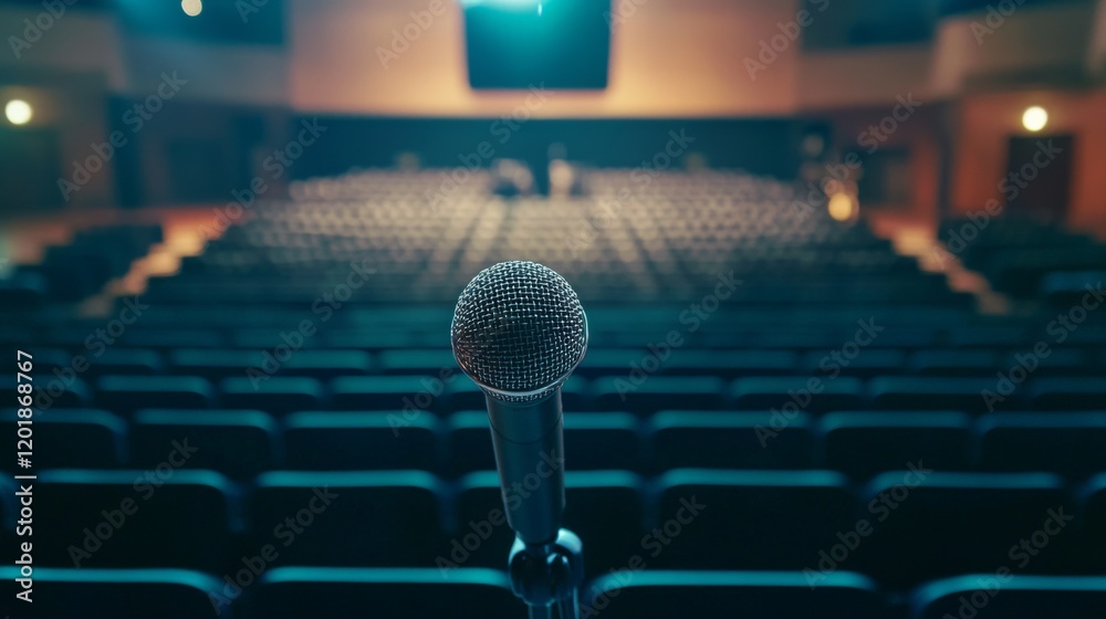 Poster A microphone positioned on a lectern in a large conference hall, ready for a keynote speech, with rows of empty seats in the background.