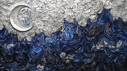 Stunning Moonlit Ocean Waves Textured Art Painting