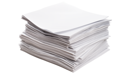 High stack of blank white paper sheets on a transparent background