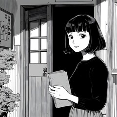 Woman Standing By A Door Holding A Book Black And White With Trees And A Picture On The Wall