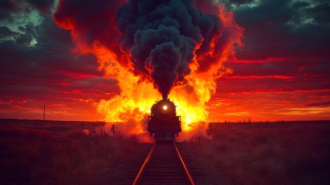 Sunset Steam Train Journey Prairie Landscape