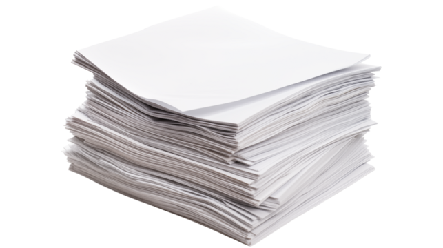 High stack of blank white paper sheets on a transparent background