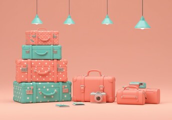 Pastel vintage suitcases, Retro travel luggage, Mint green and coral pink colors, Stacked suitcases and bags, Floral patterns, Hanging pendant lamps, Soft peach background, Nostalgic travel theme, Whi