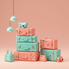 Pastel vintage suitcases, Retro travel luggage, Mint green and coral pink colors, Stacked suitcases and bags, Floral patterns, Hanging pendant lamps, Soft peach background, Nostalgic travel theme, Whi