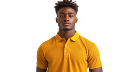 A confident young man in a bright yellow polo shirt stands against a neutral background, exuding charisma and style. Perfect for diverse campaigns.