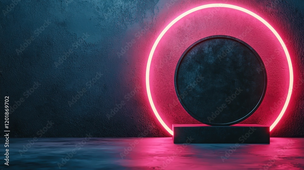 Poster a modern, abstract display featuring a circular neon light and a solid circular object on a textured