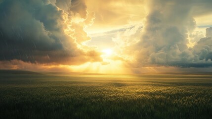 A serene image of a rainstorm moving over a field, with dramatic clouds and sunlight breaking through