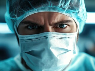 A surgeon in full scrubs and mask, captured mid-procedure under the bright operating room