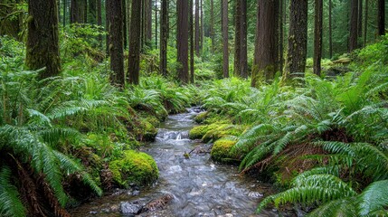 Fototapeta premium Serene forest stream flowing through lush ferns and moss.