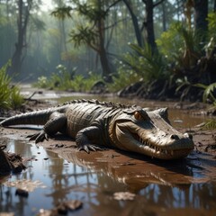 Obraz premium Alligator lying in mud and mire in swampy environment, muddy terrain, foggy surroundings, wildlife