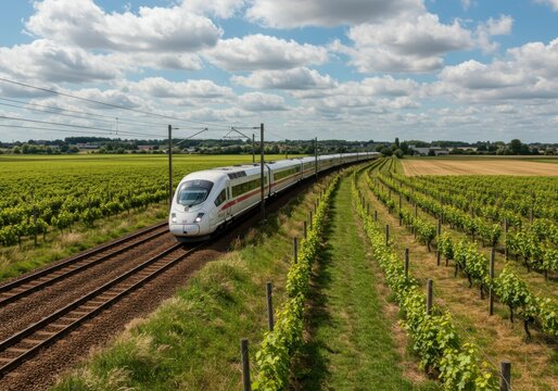 High-speed train, lush green fields, rural landscape, railway tracks, fluffy clouds, blue sky, agricultural scenery, modern transportation, sleek white train, farmland, parallel lines, horizon, summer