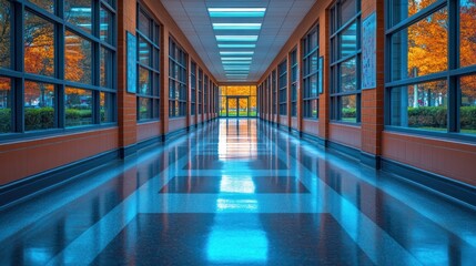 Fototapeta premium Bright school hallway with autumn trees reflected in windows.