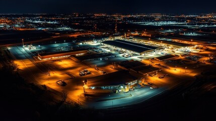 Nighttime aerial view of a brightly lit freight terminal, highlighting the scale of global cargo operations 