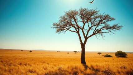 Obraz premium A lone tree stands tall against a vibrant blue sky, its branches reaching towards the heavens, a single bird soaring overhead, adding a touch of movement to the serene landscape.