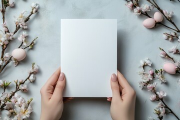 a blank white invitation mockup, size is 5 by 7 inches in portrait orientation, held by an elegant hand