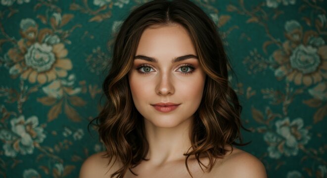 Portrait of young woman, long wavy brown hair, striking green eyes, flawless complexion, natural makeup, bare shoulders, soft lighting, teal floral background, Renaissance painting style, ethereal bea