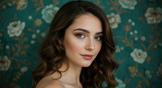 Portrait of young woman, long wavy brown hair, striking green eyes, flawless complexion, natural makeup, bare shoulders, soft lighting, teal floral background, Renaissance painting style, ethereal bea