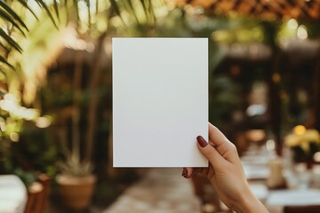 a blank white invitation mockup, size is 5 by 7 inches in portrait orientation, held by an elegant hand