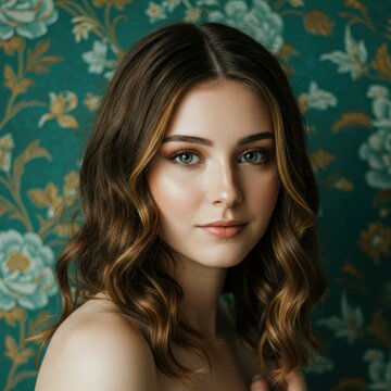 Portrait of young woman, long wavy brown hair, striking green eyes, flawless complexion, natural makeup, bare shoulders, soft lighting, teal floral background, Renaissance painting style, ethereal bea