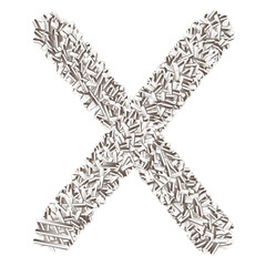 Silver capsules arranged to form the letter X on a black background with white outlines