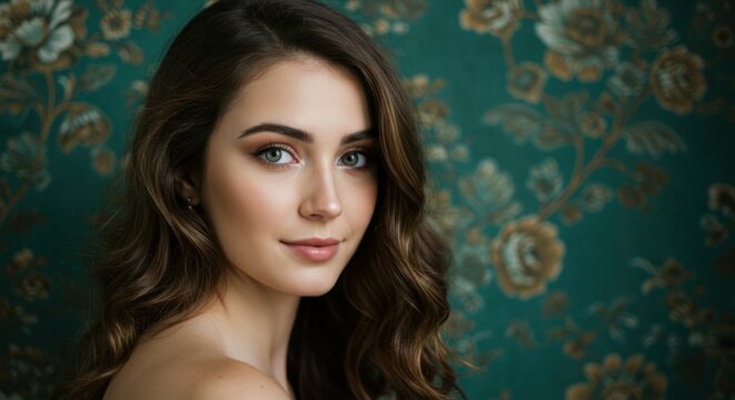 Portrait of young woman, long wavy brown hair, striking green eyes, flawless complexion, natural makeup, bare shoulders, soft lighting, teal floral background, Renaissance painting style, ethereal bea