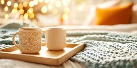 Valentine's Day with Couples Activitie Concept. Cozy Morning Vibes with Cups on Soft Blanket