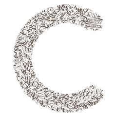 Letter C constructed from small cylindrical objects against a solid black background