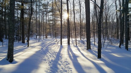 A serene image of a snow-covered forest with sunlight streaming through the trees, creating long shadows