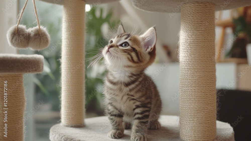 Poster A playful scene of a kitten exploring a multi-level cat house, filled with scratching posts and hanging toys, capturing the curiosity and energy of young cats.